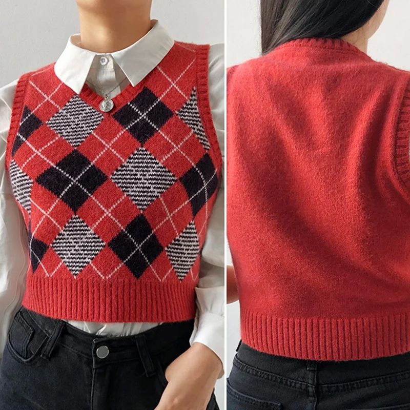 

Rhombus Plaid Pattern Knitted Sweater Vest Tank Top Female Preppy Style Sweet V Neck Tops Fall Winter Clothes