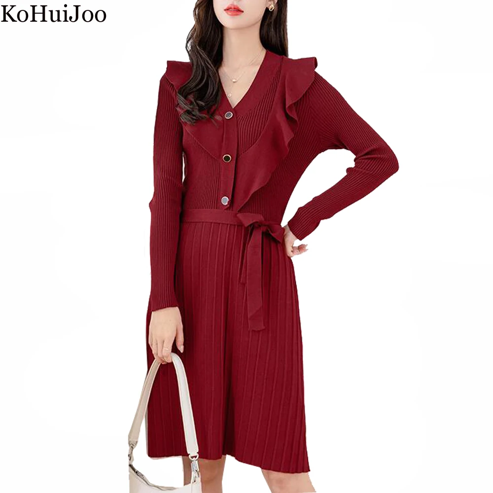 

KoHuiJoo Spring Women Dress Temperament Ruffle Medium Length Knitted Dress Long Sleeve Ruffles Slim Casual Dress With Belt Red