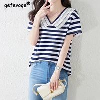 casual fashion young style striped t shirt summer 2022 new streetwear short sleeve peter pan collar loose tops womens clothing