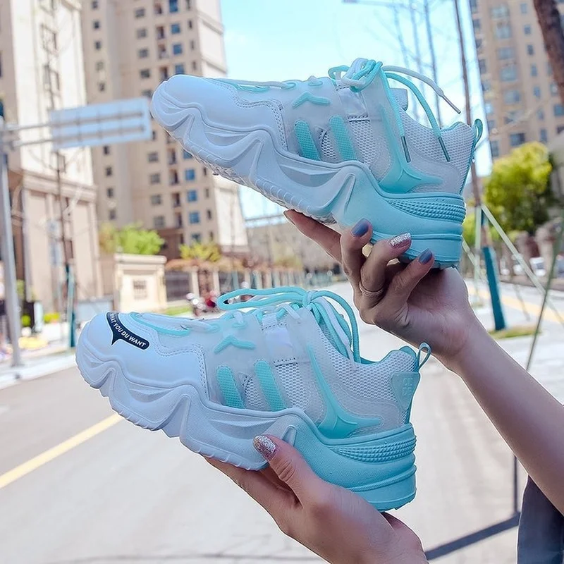 

Women Mesh Sneakers Lace Up Platform Casual Shoes Vulcanized Blue Orange Platform height-enhancing shoes