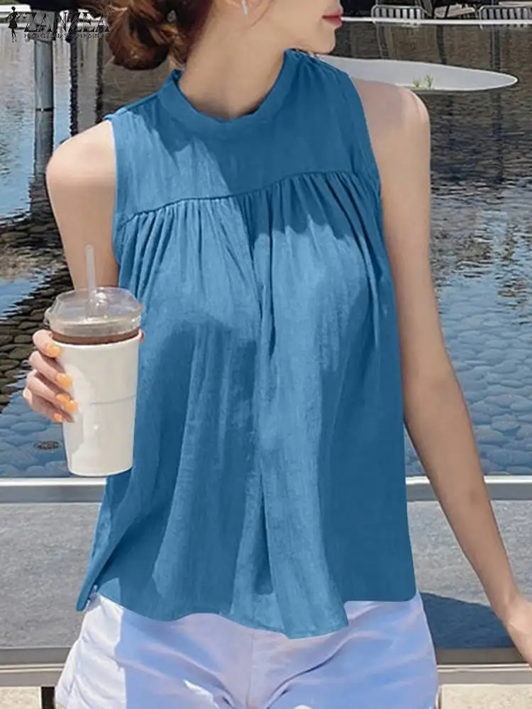 

ZANZEA Women 2023 Summer Blouse Casual Oversized Pleated Round Neck Tunic Sexy Sleeveless Korean Fashion Solid Tank Tops Shirt