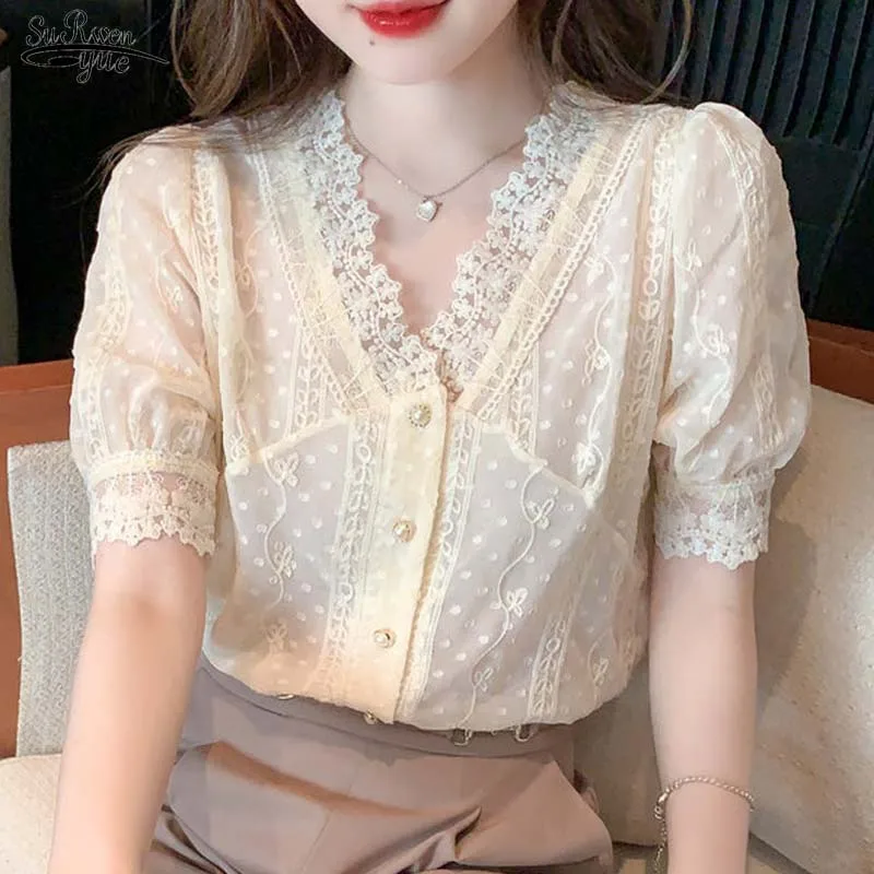 

Summer New Women Tops and Blouse French Puff Sleeve Lace Shirts Stitching Women Short Sleeve Lace Hollow Out Tops blusas 19818