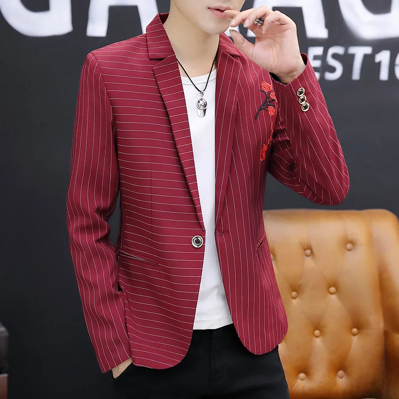 

HOO 2022 New Men's Slim Striped Color Block Embroidery blazer Youth Handsome Casual blazer