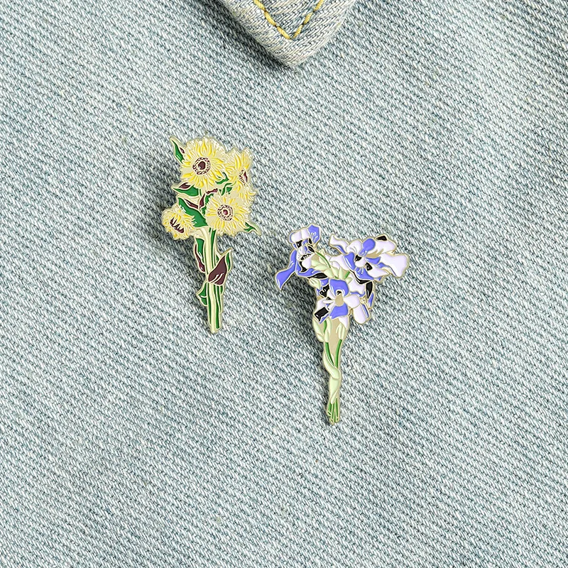 

Van Gogh Sunflower Iris Enamel Pins Custom Genius Painter Painting Art Brooch Lapel Badge Bag Funny Jewelry Gift for Kids Friend