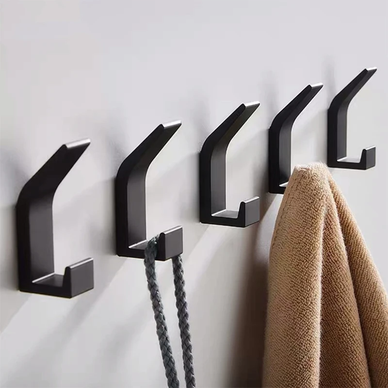 

No Drilling Double Hook Black White Towel Hook For Bathroom Clothes Coat Hook Bedroom Robe Hook Livingroom Kitchen Accessories