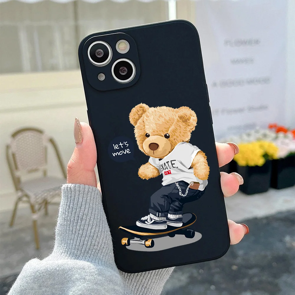 Teddy Bear Couple Cartoon Frosted Phone Case for iPhone 14 13 12 11 Pro MAX X XS Max XR Mini SE2022 6S 7 8 Plus Black Case