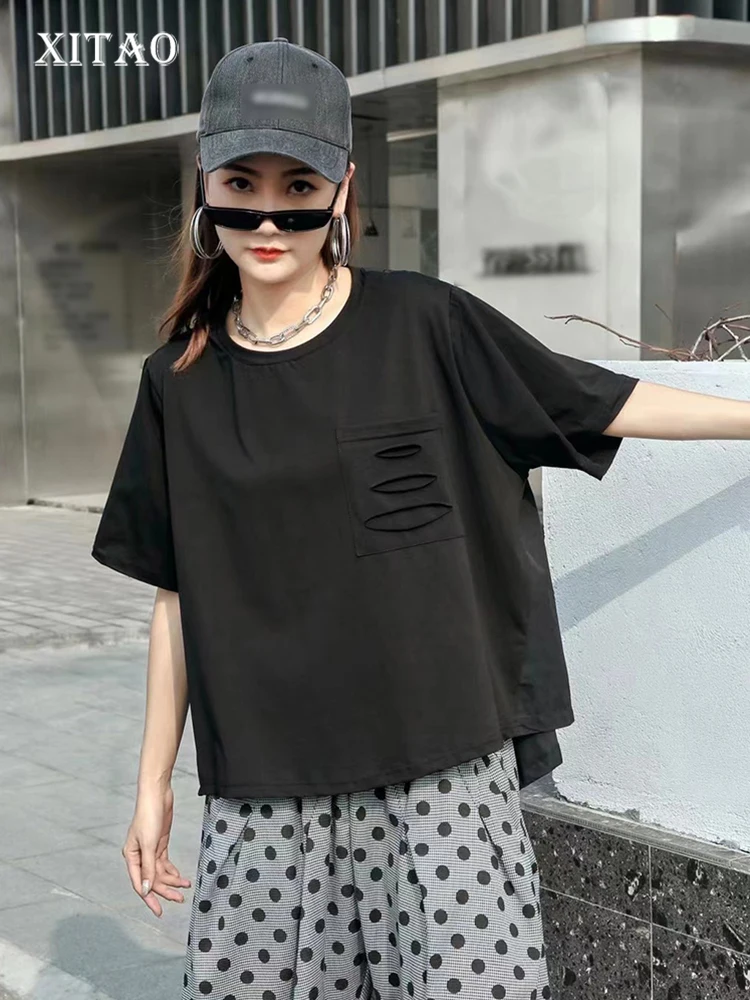 

XITAO Solid Hole Irregular T-Shirt Women Korea 2022 Summer New Personality Fashion Loose O-neck Short Sleeve T-Shirt WMD5066