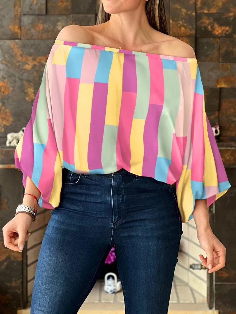 

Women's Clothing Fashion Print Long-sleeved Shirt Blouse 2023 Sexy Off Shoulder Slash Collar Casual Loose Lady Shirrts Tops 2023
