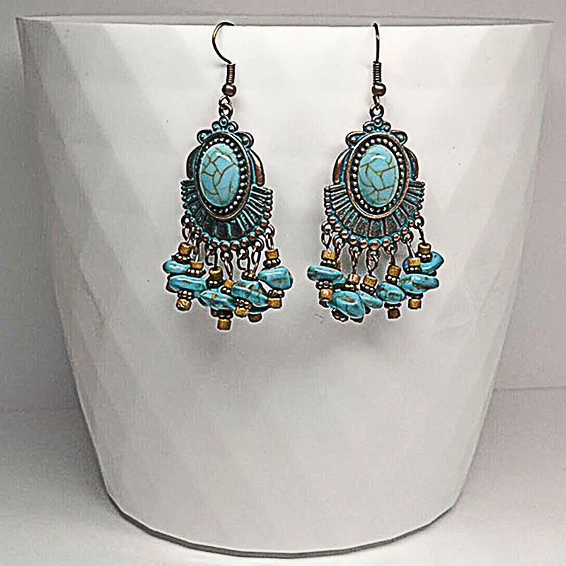 

Classic Ethnic Tassel Bohemian Flower Turquoise Dangle Earrings for Women Vintage Long Bronze Engraved Earrings Jhumka Jewelry