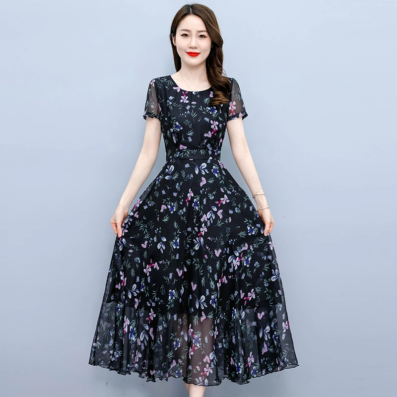

2023 summer new loose large size dress temperament floral waist collection mid-length dress