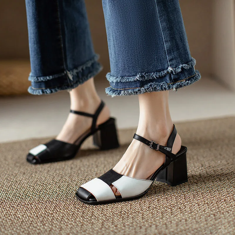 Phoentin Retro mixed colors Square Toe Sandals Women Genuine Leather High Heels Mary Janes shoes New 2023 Summer pumps FT2551