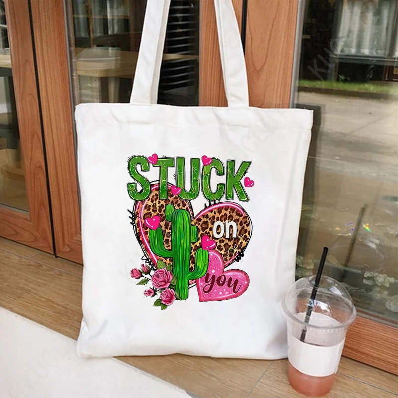 Leopard Love Heart Cartoon Handbag Women Casual Canvas Portable Shoulder Bag Valentine's Day Shopping Reusable Tote