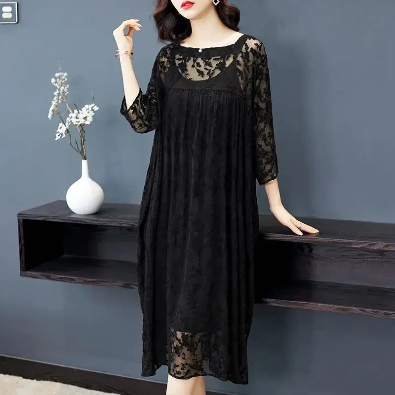 

Women Black Loose Lace Dress Plus Size Long Dress Long Sleeve 2022 Summer Casual Black Large Long Dresses Women Casual Dress