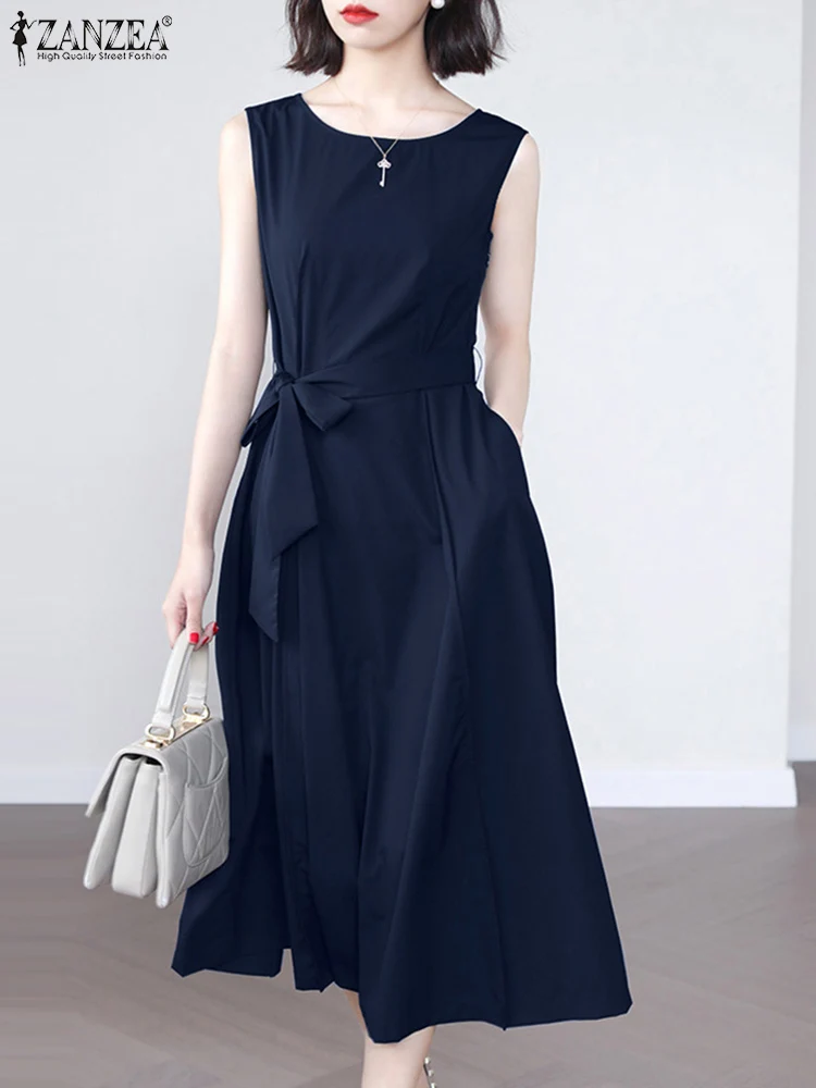 

2023 ZANZEA Elegant Summer O Neck Sleeveless Solid Dress Women Fashion Office Work Sundress Robe Femme Casual Mid-calf Vestido