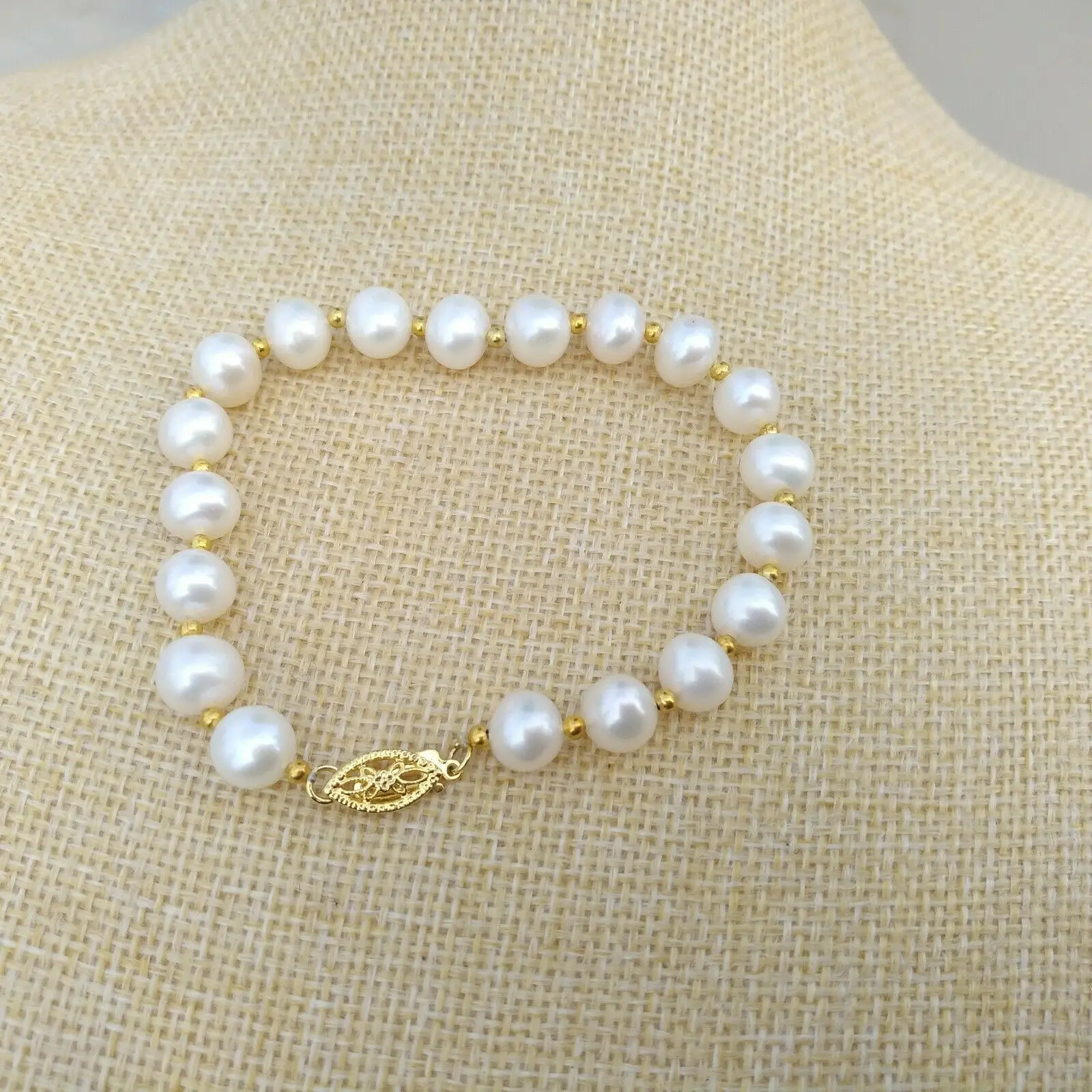 

8-9mm 7.5-8" Natural AAAA South Sea White Pearl Bracelet 14k Gold