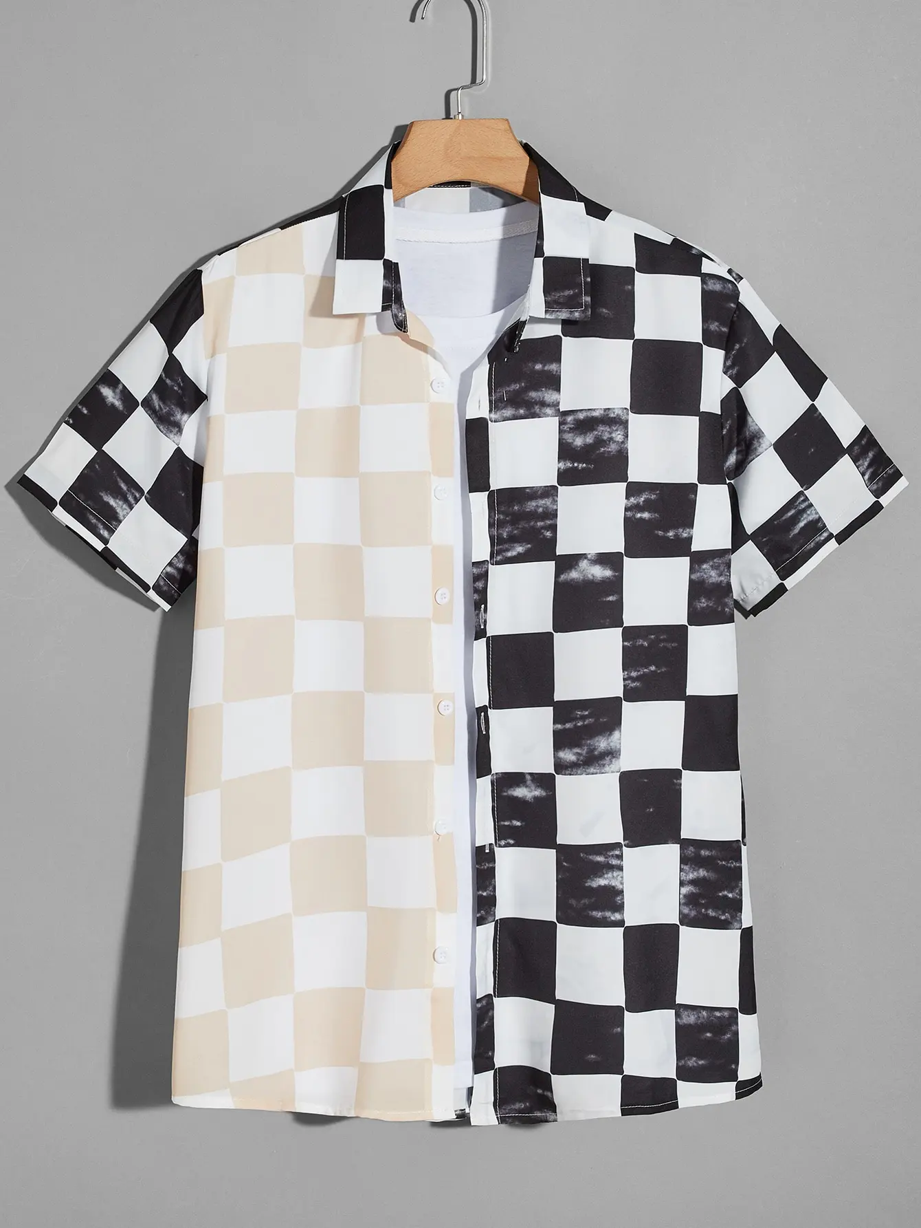 

Short-sleeved digital printing lapel stitching plaid casual men's shirt 2022 spring and autumn new