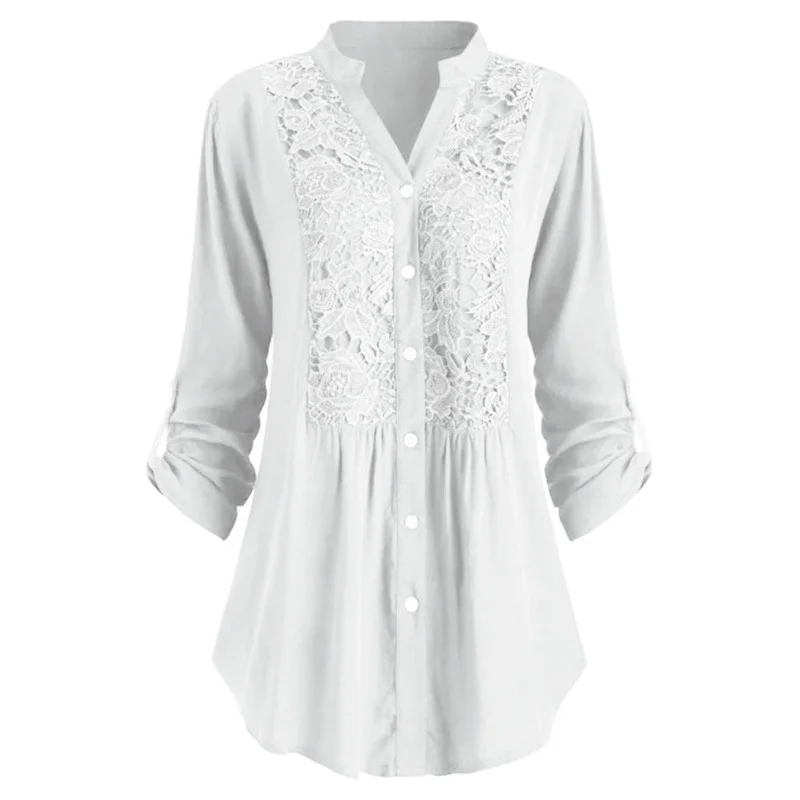 

Oversized Loose Women Fashion Lace Patchwork Blouse Casual Stand Collar Button Up Long Shirt Korean Fashion Ladies Tops Blusas