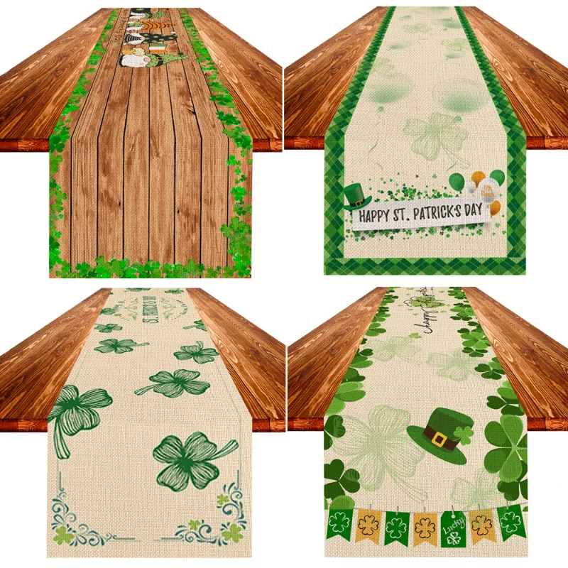 

St. Patrick's Table Flag Green Series Gnome Four-leaf Clover Cartoon Letters Linen Stain Resistant Tablecloth Table Decorations