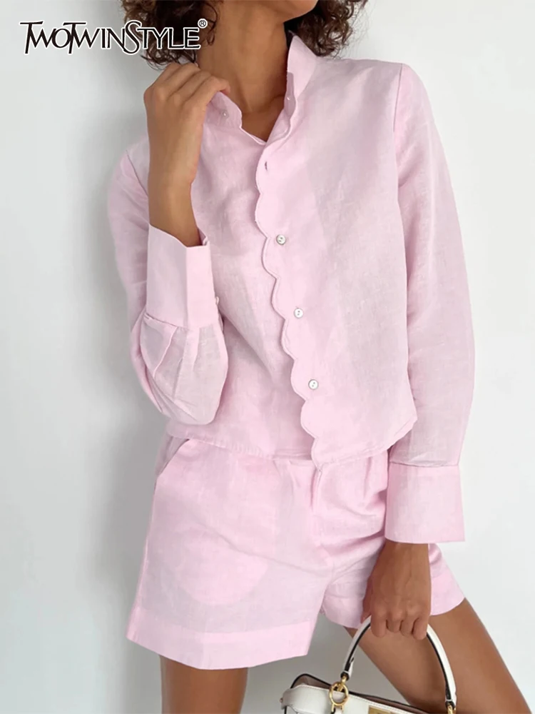 

TWOTWINSTYLE Solid Two Piece Sets For Women Stand Collar Long Sleeve spliced button Tops High Waist Shorts loose Set Female 2023