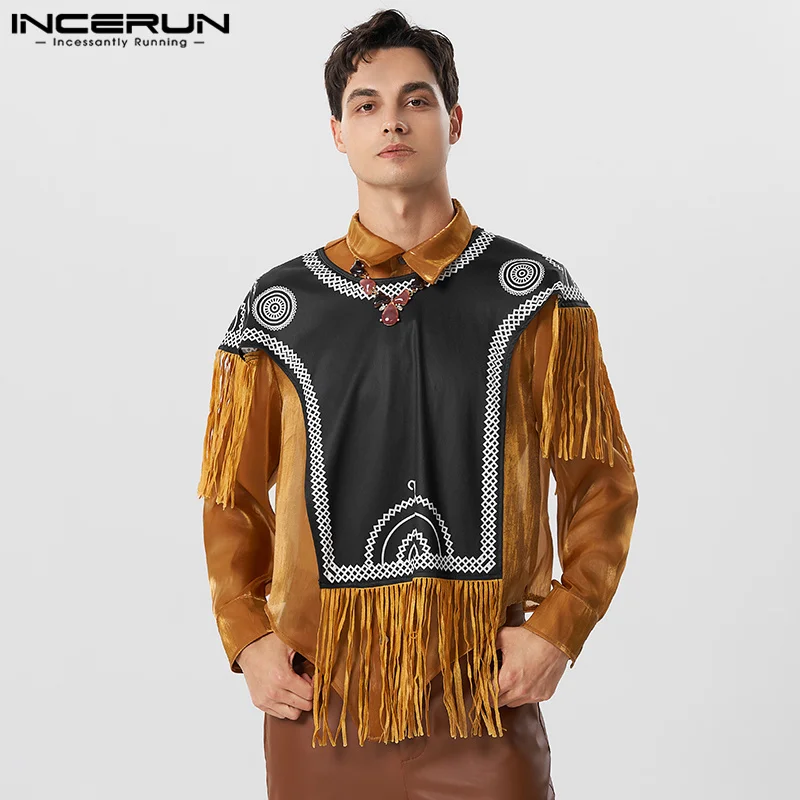 

INCERUN Tops 2023 American Style New Men's Tassel Embroidery Short Camisole T-shirts Ethnic Style Male Printed Pattern Camiseta
