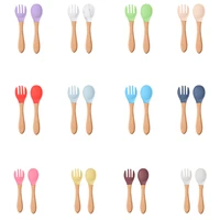 2 pcs baby fork spoon silicone wooden handle baby feeding tableware children complementary food fork spoon children tableware