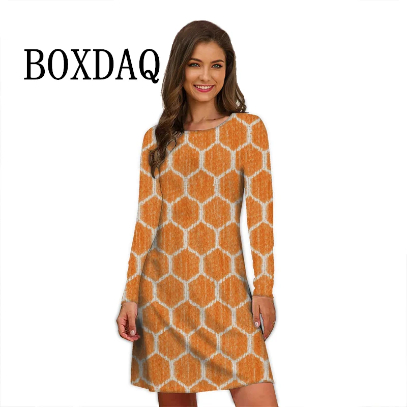 

3D Geometric Print Women Dress Vintage Abstract Pattern Long Sleeve o-neck A-Line Dress Autumn Clothing Loose Casual Dress Femme