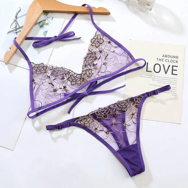 

Women's T-Back Underwear Set Transparent Lace Bra Scheming Underwear Hot Style Big Chest Negative Regret Large Size