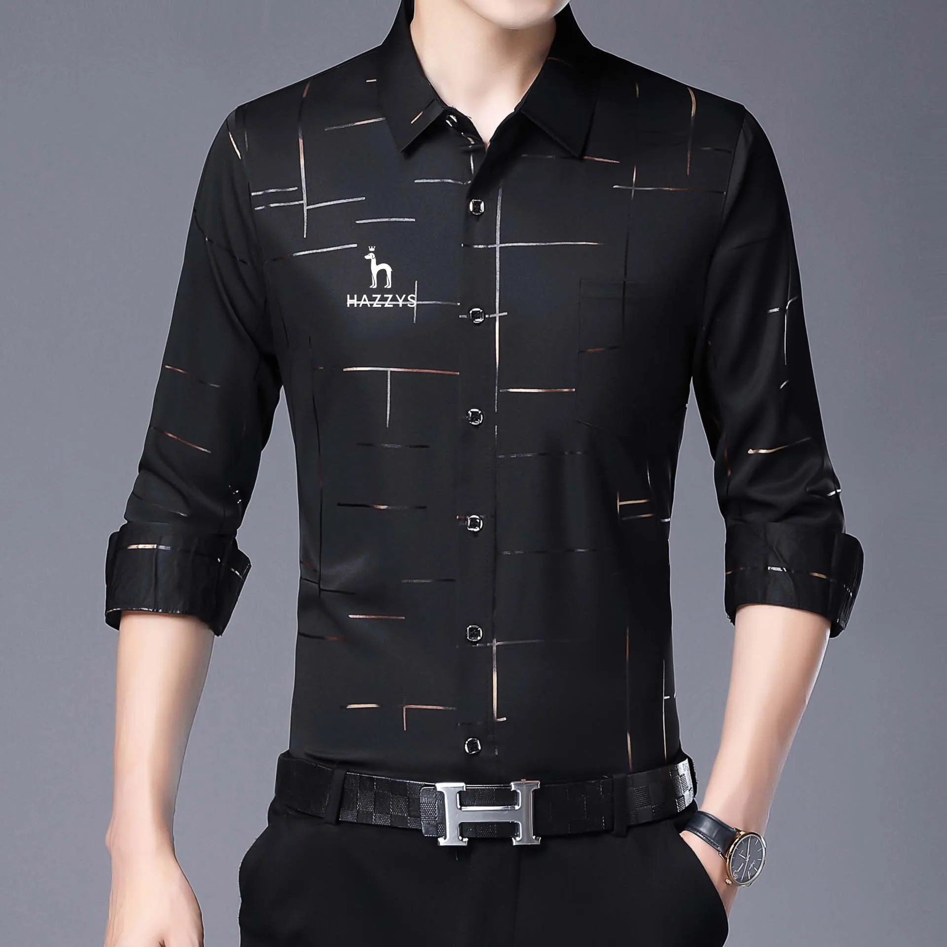 

HAZZYS Golf Wear Men Shirt Men's Ice Silk Trend Product Gold Pattern Comfortable Breathable Casual Business Long Sleeve Printe