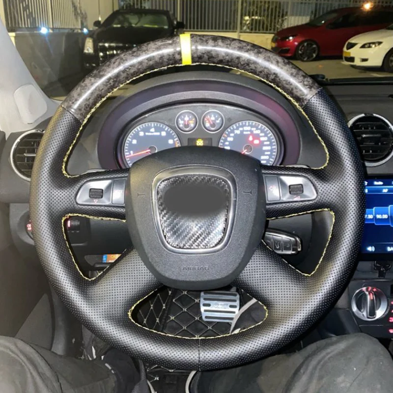 Чехол рулевого колеса автомобиля Черный кожаный чехол для Audi 4-спицы с кнопкой A3 8P