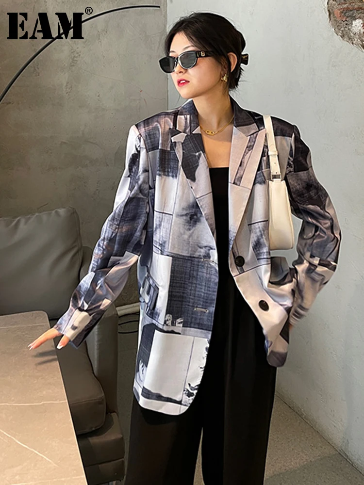 

[EAM] Women Blue Pattern Printed Casual Blazer New Lapel Long Sleeve Loose Fit Jacket Fashion Tide Spring Autumn 2022 1DF2173