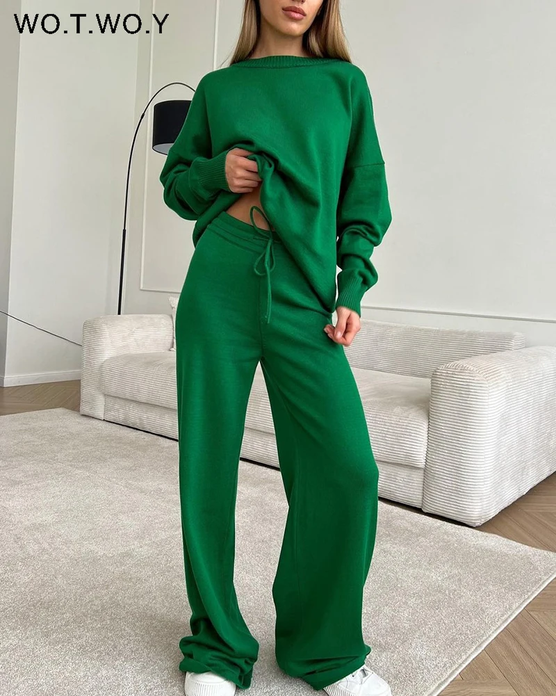 

WOTWOY Casual Solid O-Neck Sweatshirts and Pants 2 Piece Sets Womens Autumn Winter Thread White Pullovers Suits Female 2023