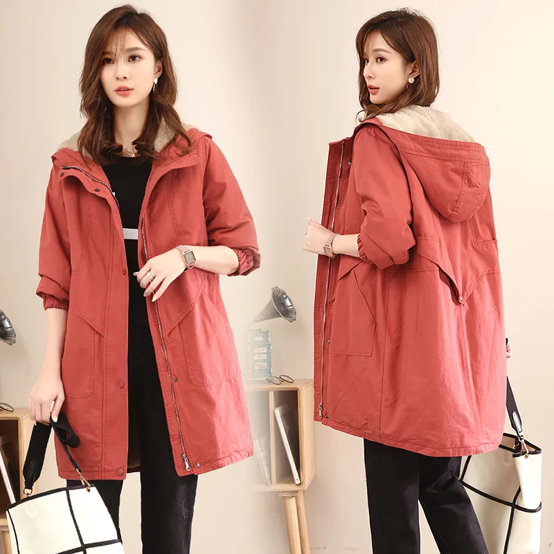 Thick Coat Outerwear Women's Autumn And Winter Medium Length  Hooded Solid Fleece Coats Slim Versatile Thickness Jacket enlarge
