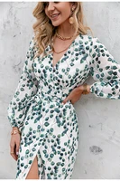 2021 fashion v neck spring and summer long sleeved lace up high waist a line holiday green leaf new print womens dress vintage