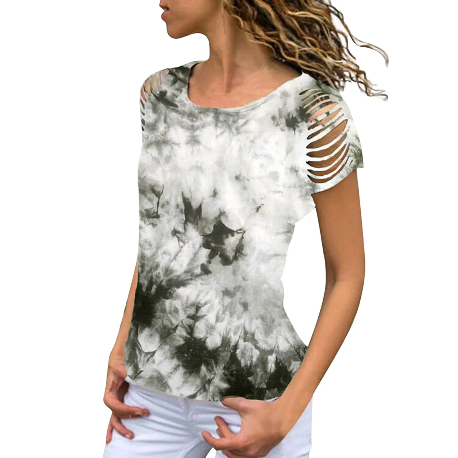 

Women Color Top Blouses Round Neck Short-sleeved Stitching Daily Shirt Special Sleeve Elegant Top Loose Fashion Top