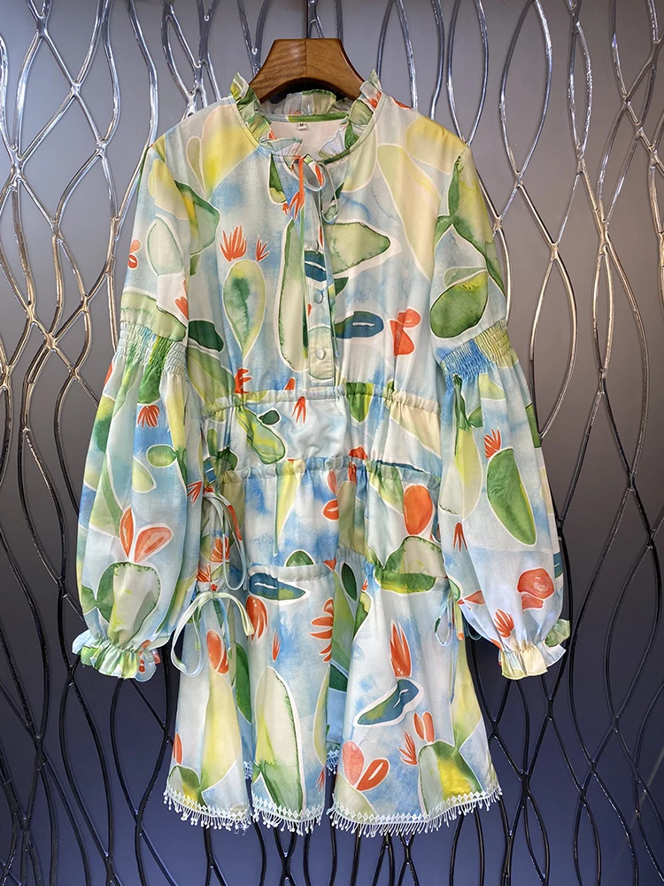

Lantern Sleeve Light Blue Fruit Print Women Ball Gown Dress Spring Ruffles Good Quality Lady Green Dresses Clothes Size XL