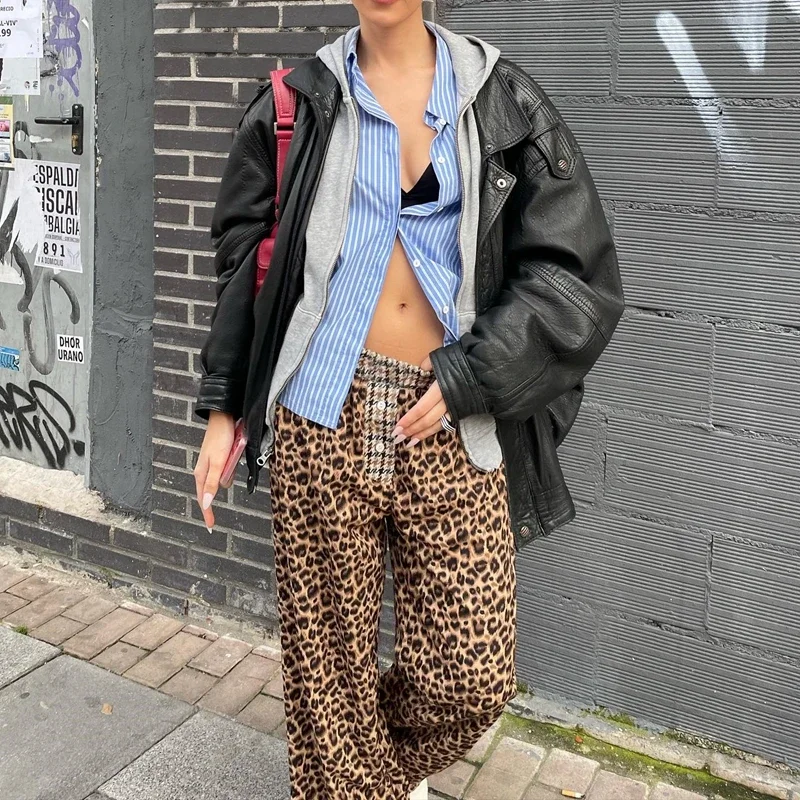 Y2K Boyfriend Trousers Leopard Print High Waist Long Pants Retro Women Chic Fashion Wide Leg Vintage Grunge Streetwear