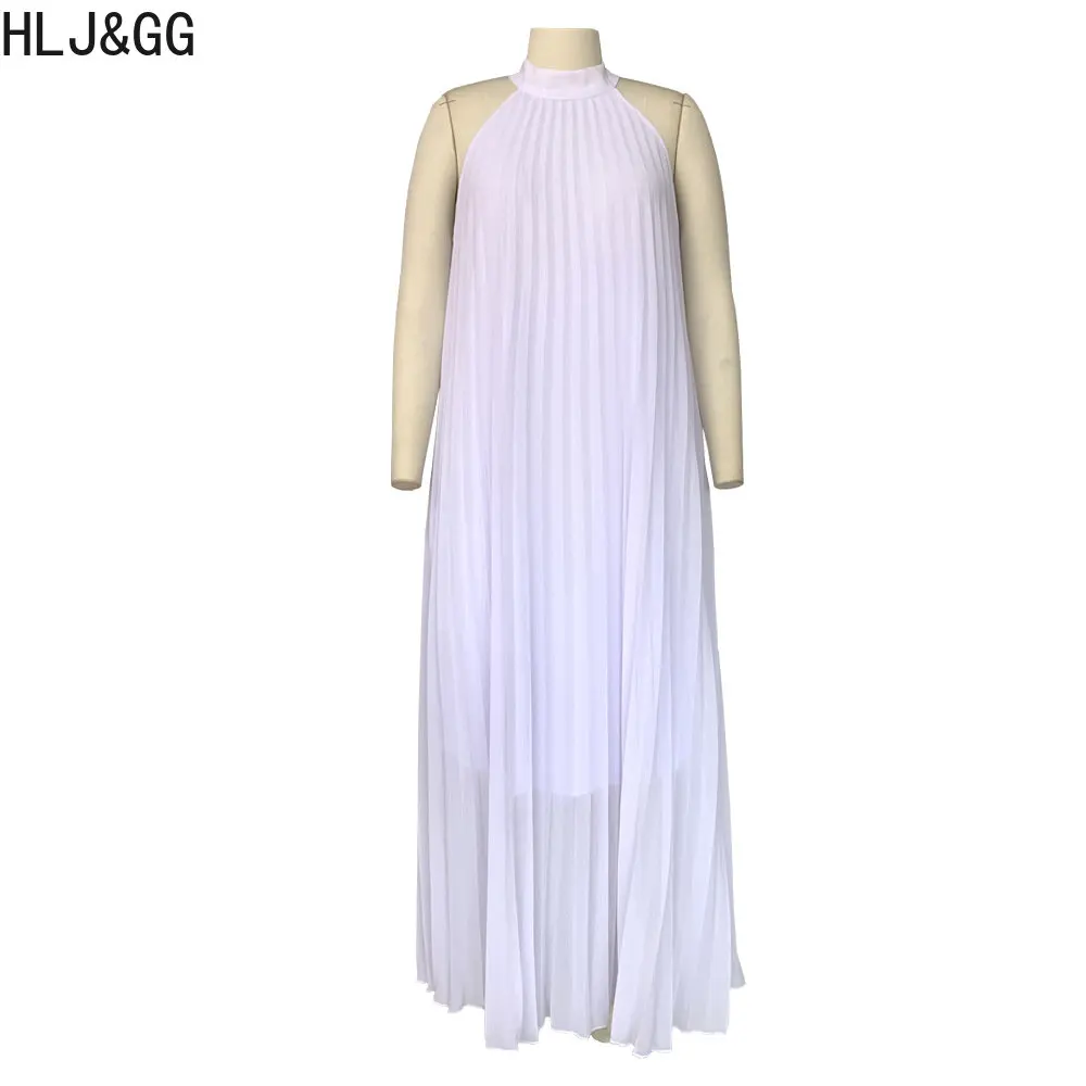 HLJ&GG Summer Sleeveless Loose A-line Dresses Plus Size Women Solid Color Floor Robe Vestidos Female Halter Party Club Clothing