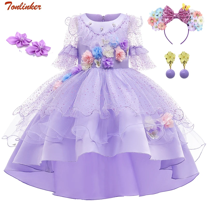 

Encanto Isabella Purple Princess Dresses Girls Charm Cosplay Costume Fancy Dress for Halloween Carnival Flowers Mesh Tail Dress