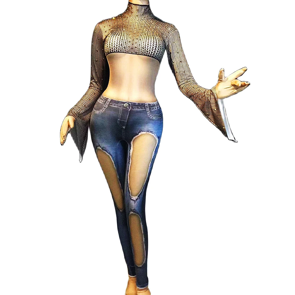 

Сексуальные женские джинсовые комбинезоны Стразы с длинными черными рукавами, модные костюмы для демонстрации сцены, Одежда для танцев Rave ...