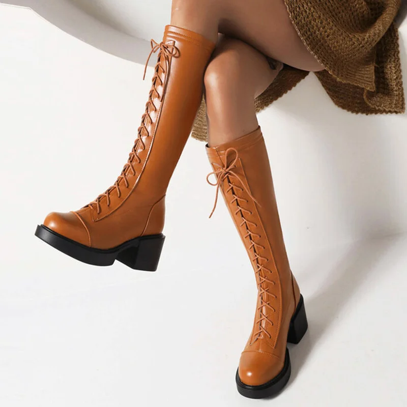 

Plus Size 43 Women Knee High Boots Platform Thick High Heel Ladies Motorcycle Boots PU Leather Lace-up Round Toe Women Boots