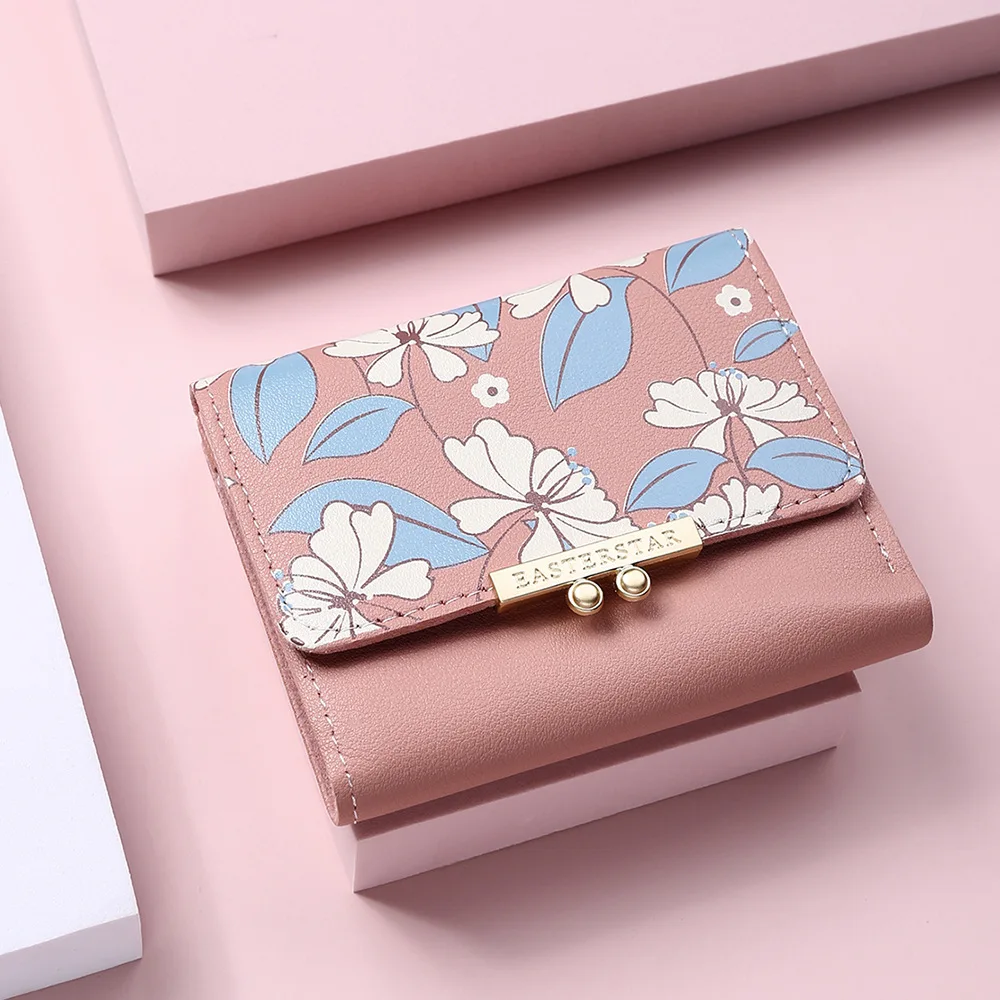 2023 New Flowers Cute Women Wallet Buckle Folding Girl Small Wallet Brand Designed PU Leather Coin Purse Female Card Holder