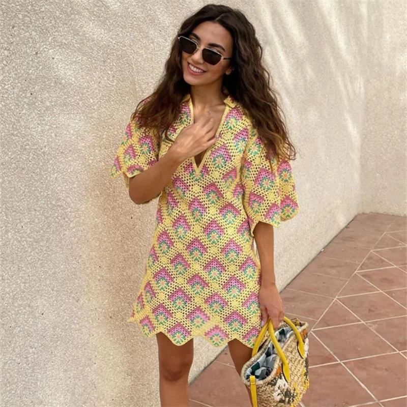 

ZA 2022 Floral Knitted Mini Short Sleeve Summer V Neck Turn Down Collar Beach Sexy Dress Wavy Hem Hollow For Women Beach Party