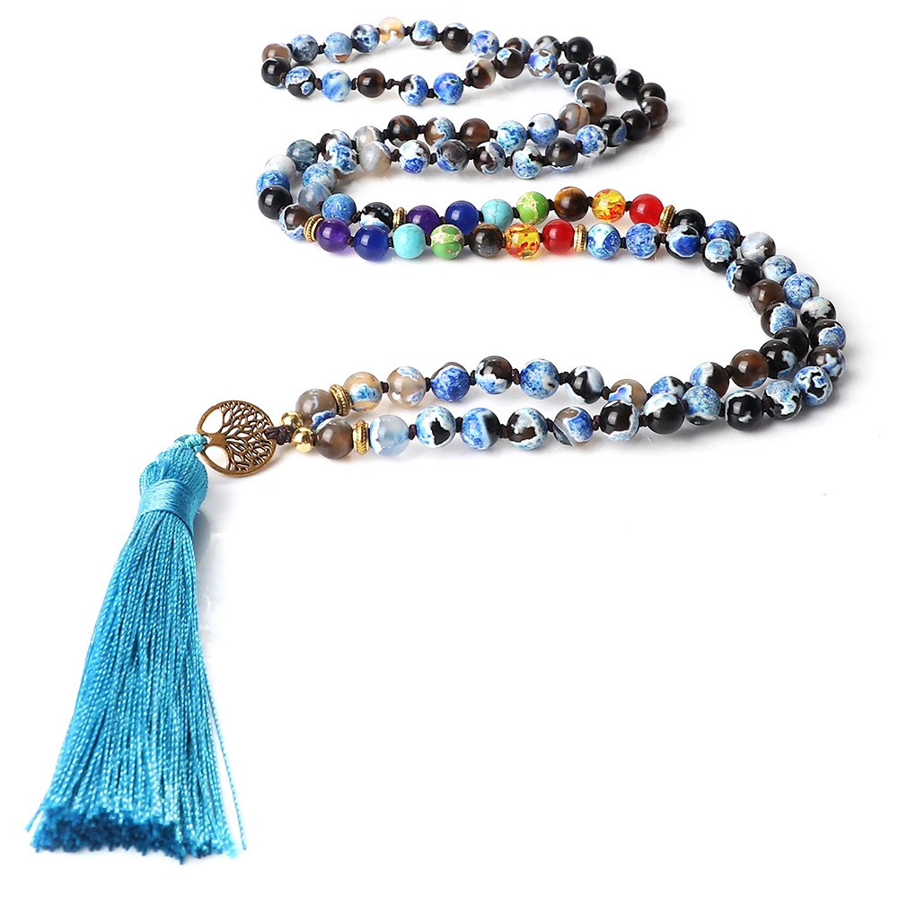

Hot Life Tree Pendant Necklaces For Women 108 Japamala 7 Chakra Natural Onyx Beads Necklace Elegant Women Girl Jewelry Gifts 8mm