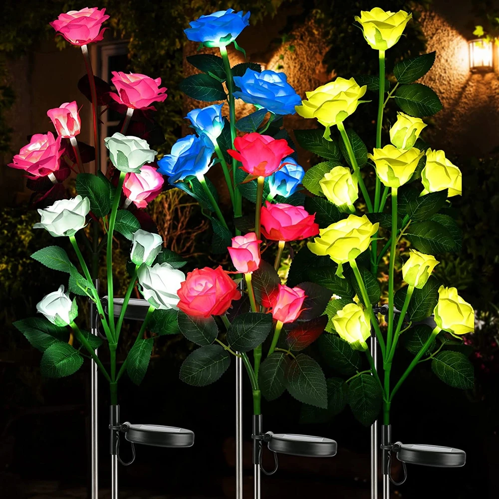 

73cm Solar Garden Outdoor Lights Waterproof Led Solar Artificial Rose Flower Night Lights for Pathway/Flowerbed/Yard Decor
