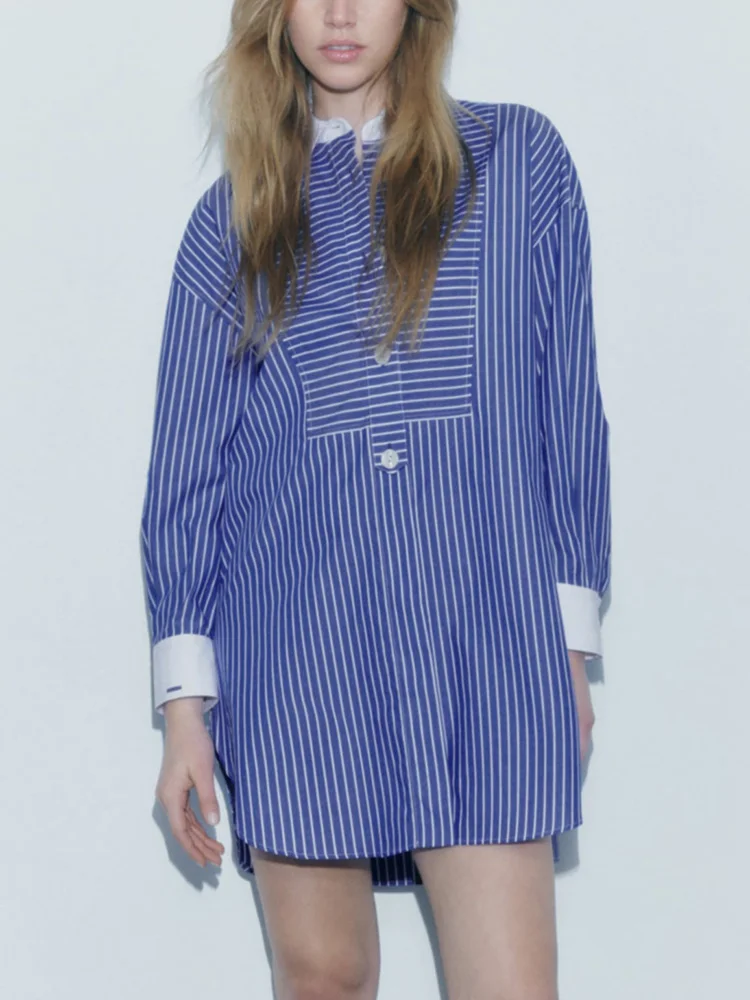 

Ladies Shirts 2023 Boyfriend Style Casual Striped Shirt Women Long Sleeve Top Lapel Collar Front Button Up Long Oversized Shirt