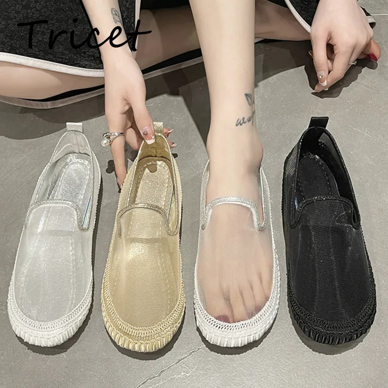 

2022 Summer Women Flat Shoes Mesh Transparent Round Toe Women Shoes Designer Moccasins Breathable Slip On Lady Loafers Shoes