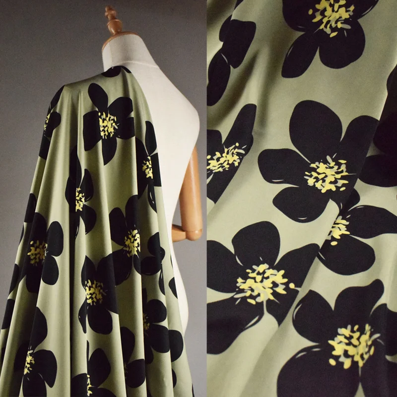 

Elegant Tea Green Big Flowers Plain Satin Chiffon Fabric Dress Pants Women's Clothing Fabric Smooth and Opaque