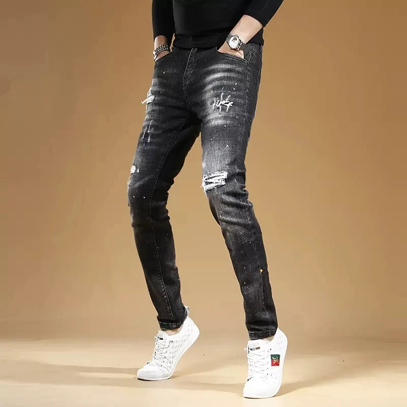 Autumn Men Black Ripped Patches Jeans Fashion Dots Printed Slim Fit Pencil Pants Streetwear Casual Scratched Denim Trousers