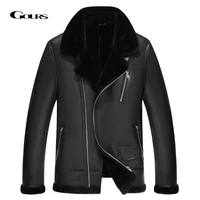 gours winter genuine leather jackets men fashion black real shearling sheepskin coat with natural wool lining warm moto gsjf2061