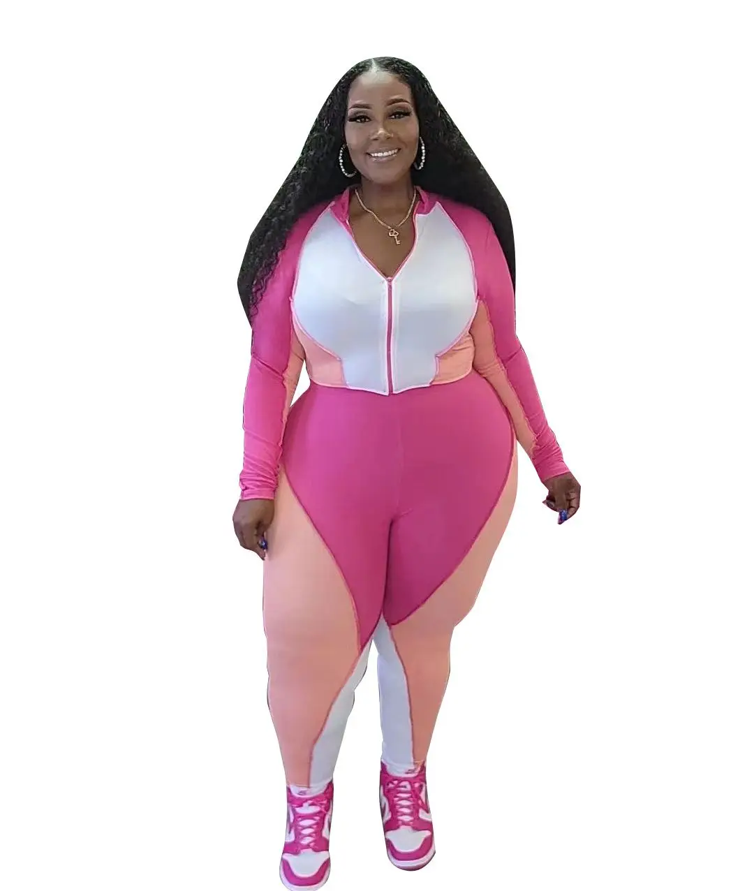 Plus Size Women Sets Patchwork Zipper Tops And Pencil Pants 2022 Fall Two Piece Set Female Designer Clothing Casual Sweatshirts